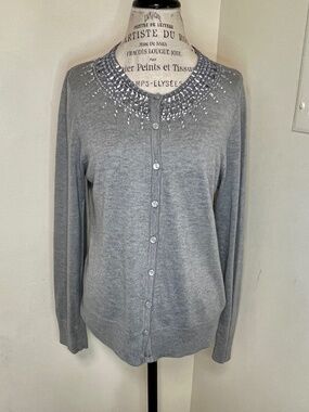 UNIQUE Fossil Beaded Grey Cardigan Size XL